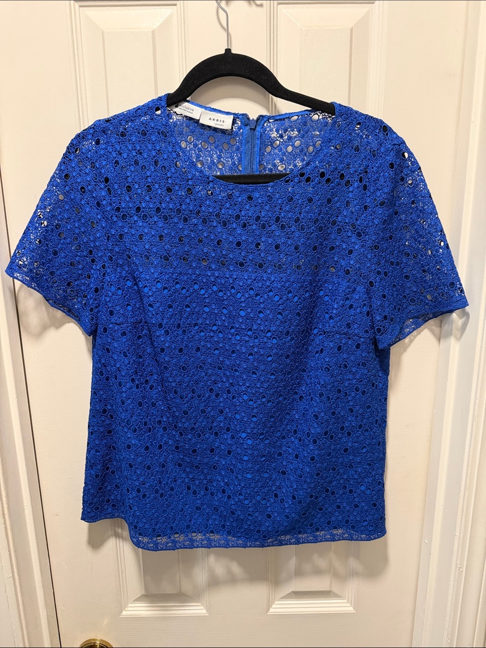 Akris Punto Cobalt Blue Eyelet Lace Short Sleeve Blouse
